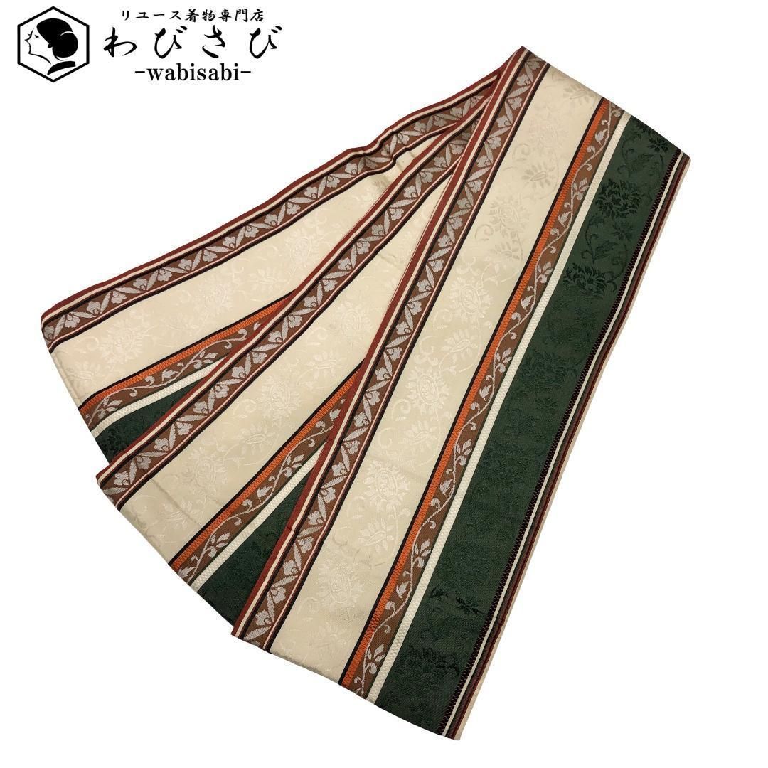 Thumbnail of Hanhaba Obi (Half-width Obi) - Authentic Hakata-ori Weave, Vertical Stripe Pattern with Floral Arabesque, Milky White, D-2083