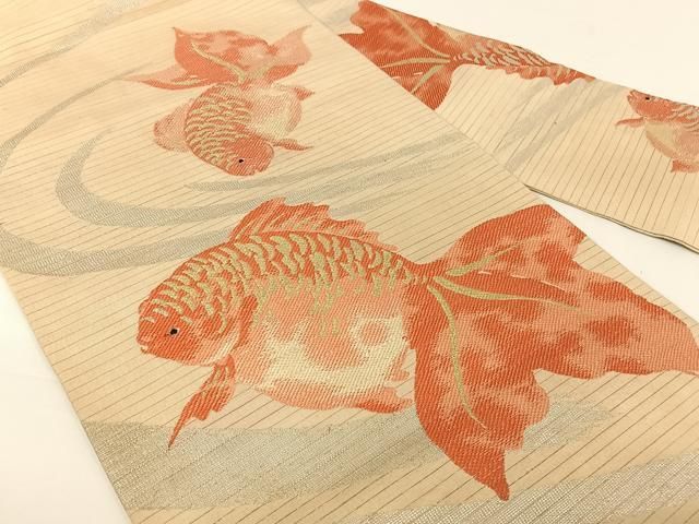 平和屋着物 夏物 アンティーク 大正ロマン 九寸名古屋帯 金魚 金銀糸 正絹 AABA2549np