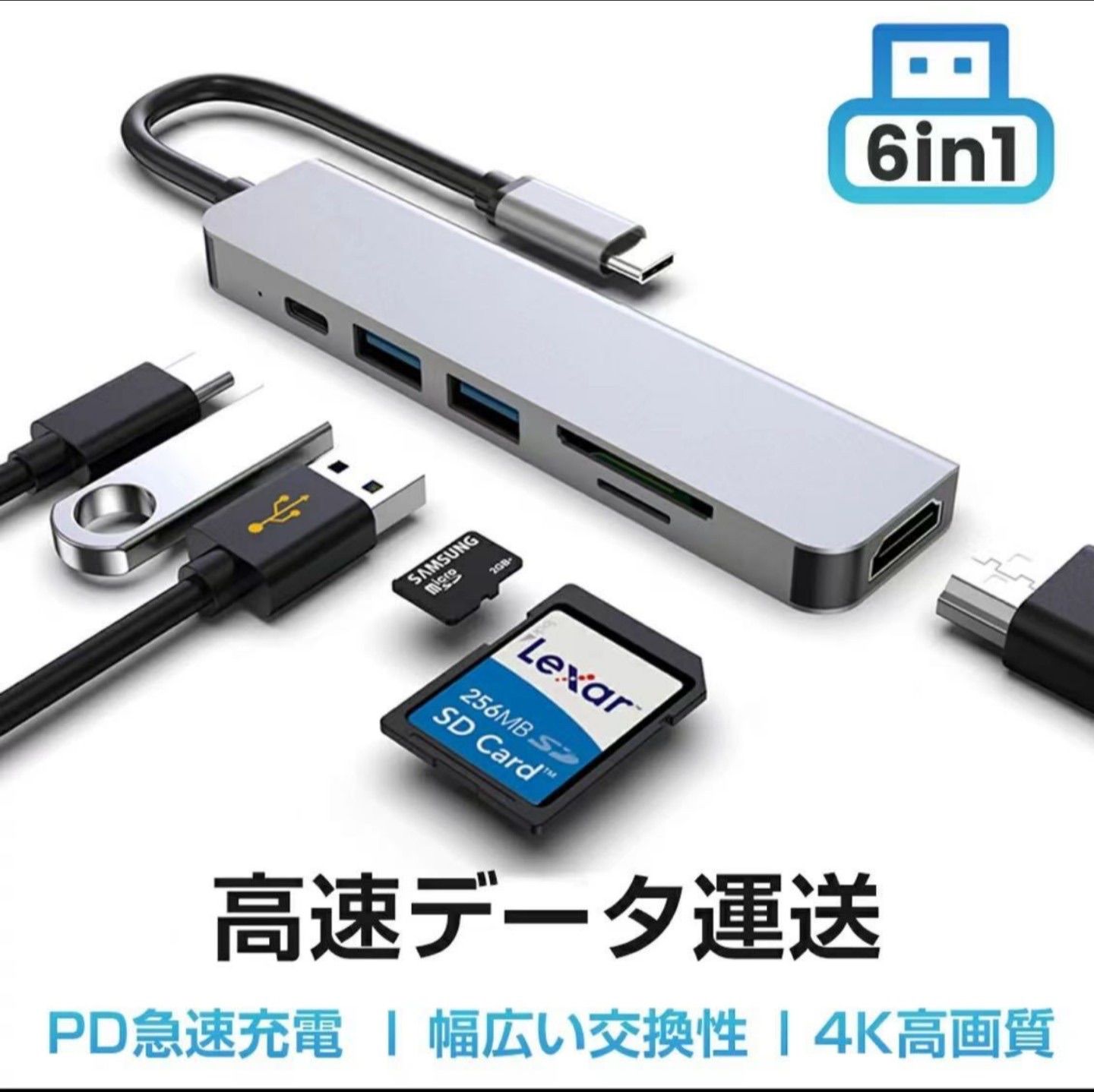 Tensphy USB Type C ハブ 6ポート 5Gbps 4K HDMI SD TFカードリーダー PD充電 急速充電 USB3.0  高速データ伝送 互換性 安定性