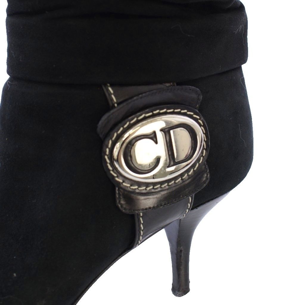 Christian Dior スウェード ブラック ロングブーツ 37 CDロゴ ディオール Dior CDロゴ ロングブーツ ギャザー スエード ポイン