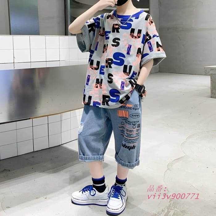 小学生 男の子 セットアップ ロゴTシャツ デニム ハーフパンツ 春夏 子供服 ダンス スーツ 通学 ストリート キッズ 半袖 2点セット 韓国子ども vii3v900771