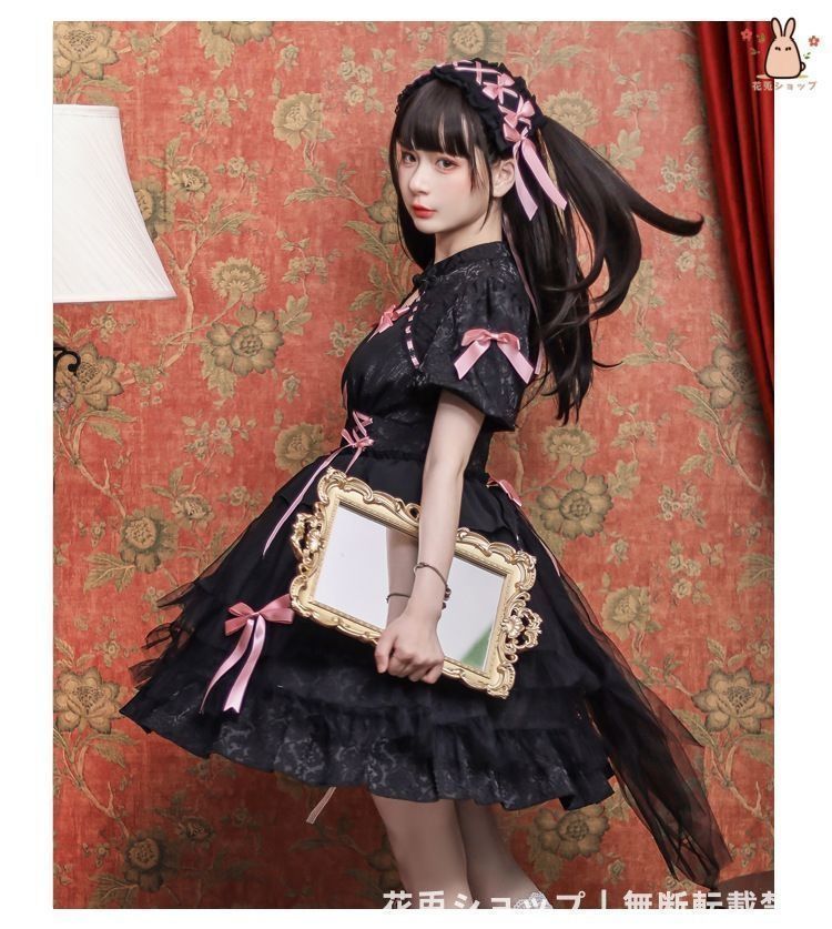 ブラック ピンクのカワイイロリータコスプレドレス