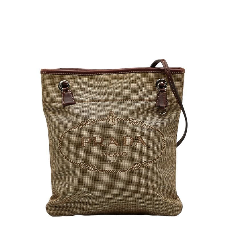 PRADA】レザー×キャンバスショルダーバッグプラダ ブラウン 斜め掛け