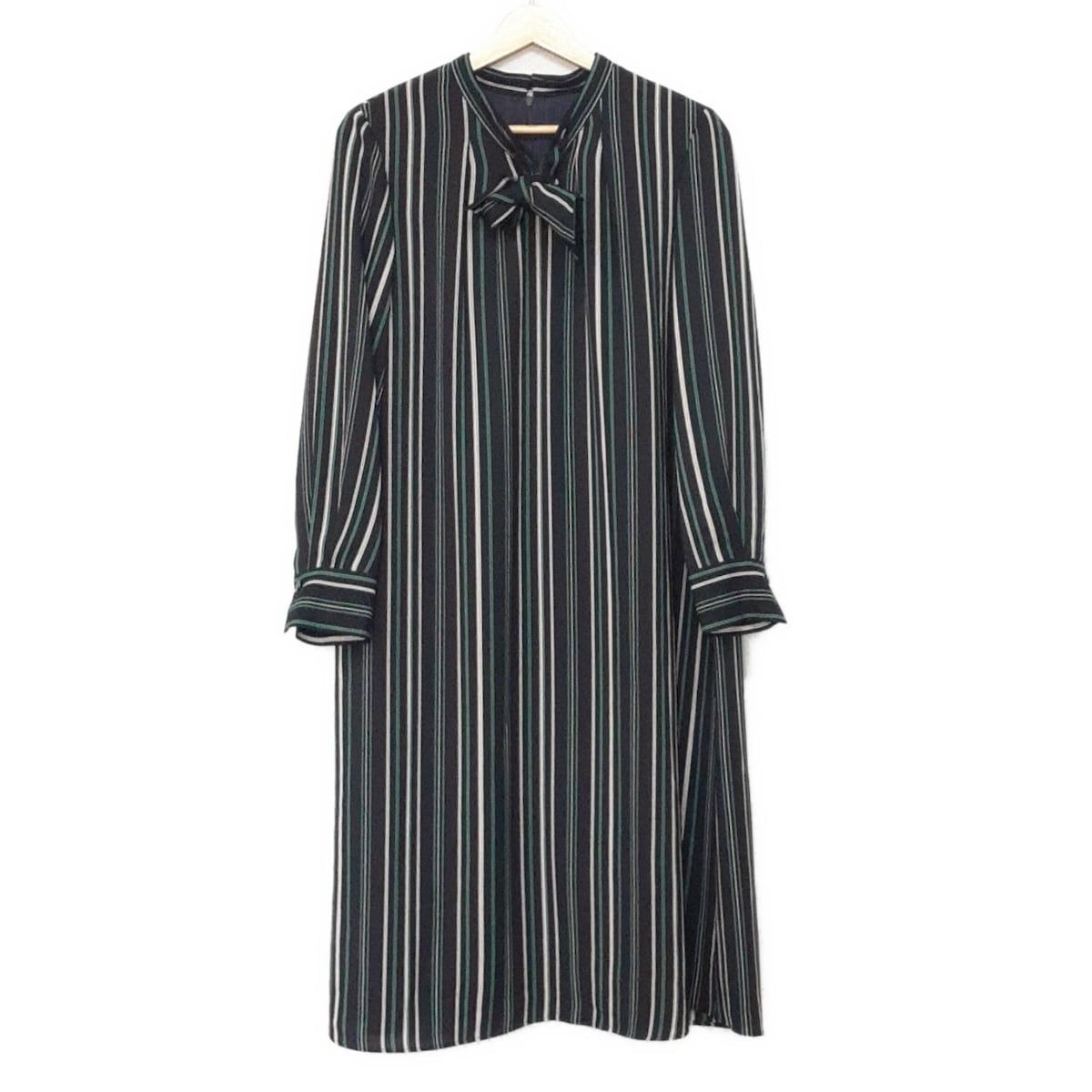 Leilian レリアン ワンピース サイズ11 M レディース - 黒×アイボリー×グリーン 長袖|マキシ丈|ストライプ