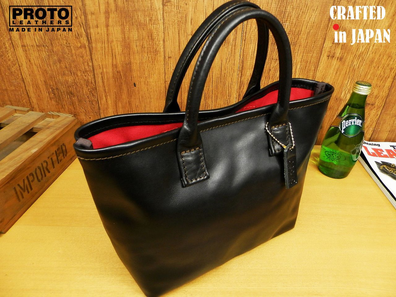 ☆Sサイズ☆レッド裏地×黒スムースのミニトートバッグ♪本革レザー赤