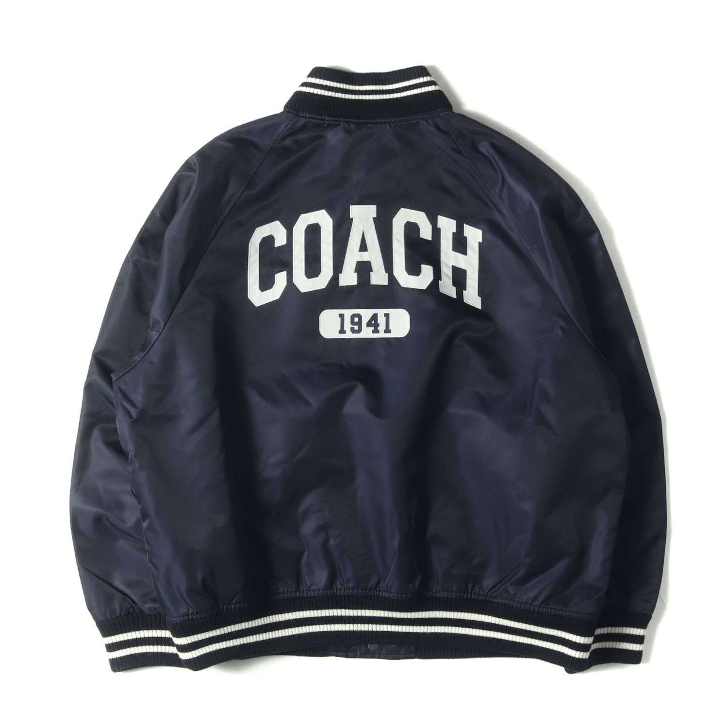 COACH コーチ ジャケット サイズ:XL / ロゴ 刺繍 ナイロン スタジャン / ネイビー 紺 / アウター ブルゾン ジャンパー 上着【メンズ】【中古】