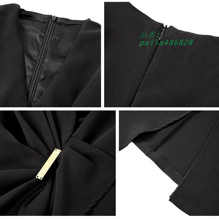 カシュクールVネック 深スリットミモレ丈長袖ドレスワンピース