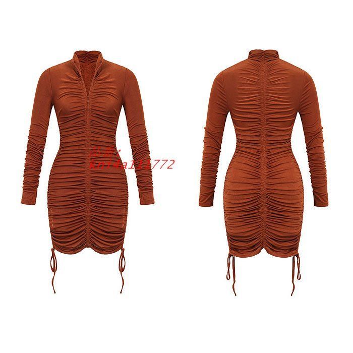 ショートタイト長袖ワンピース 茶