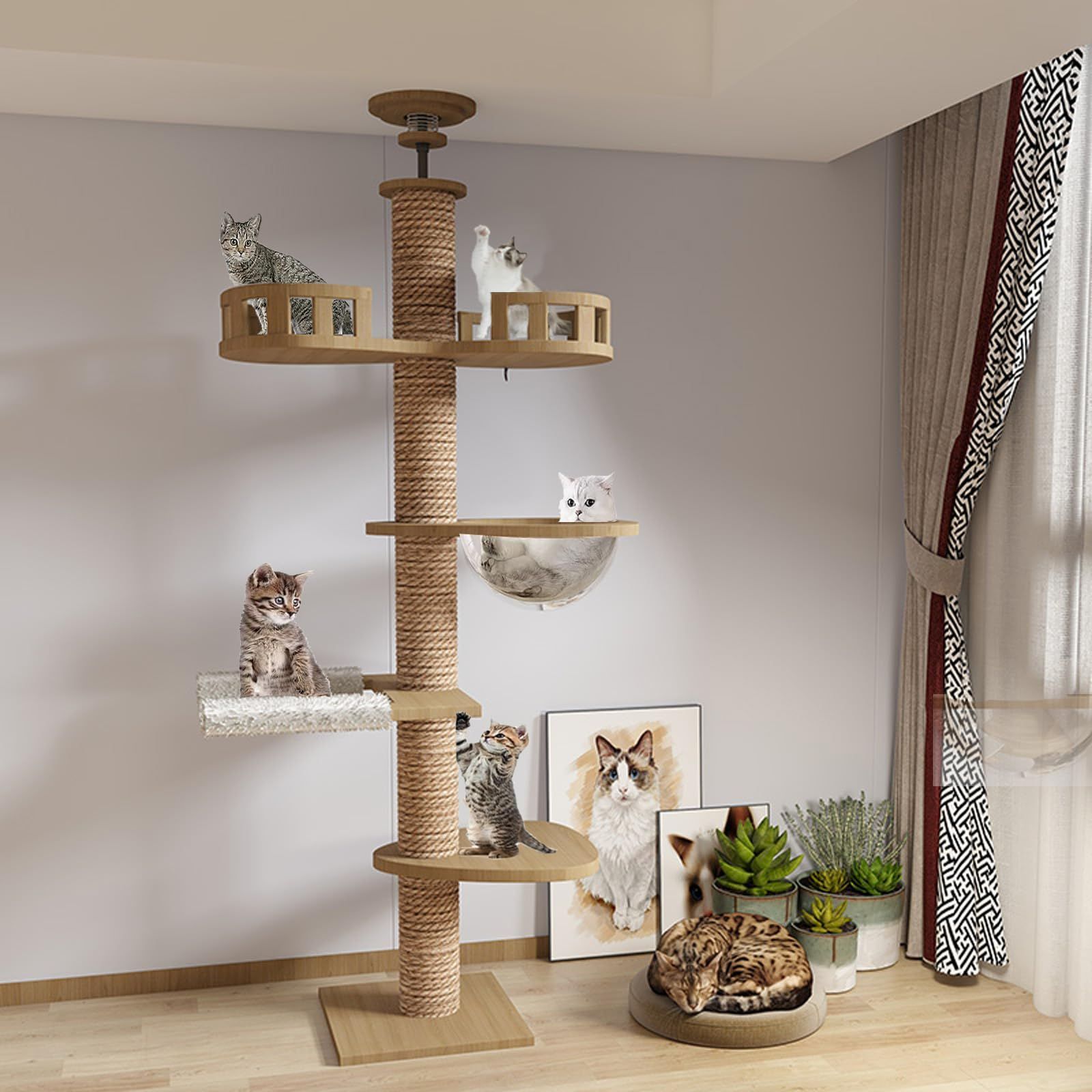 新着商品 キャットポールキャットウォーク高さ調整幅 240～250cm キャットランド 猫ツリー 安定性良い 多頭飼い 265-275cm木の色 太い支柱 ストレス解消 運動不足 全縄巻き 爪とぎ 省スペーススリム 猫タワー 突っ張り キャットタワー シン