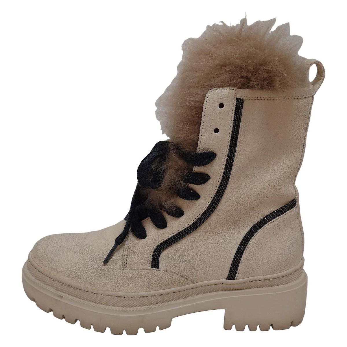 BRUNELLO CUCINELLI ブルネロクチネリ ショートブーツ 35 レディース - ベージュ×黒×ダークブラウン レースアップ レザー ファー