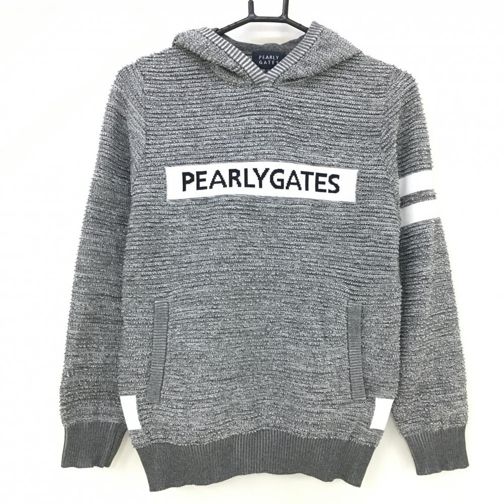 超美品】パーリーゲイツ ニットパーカー 杢グレー×白 袖2ライン  