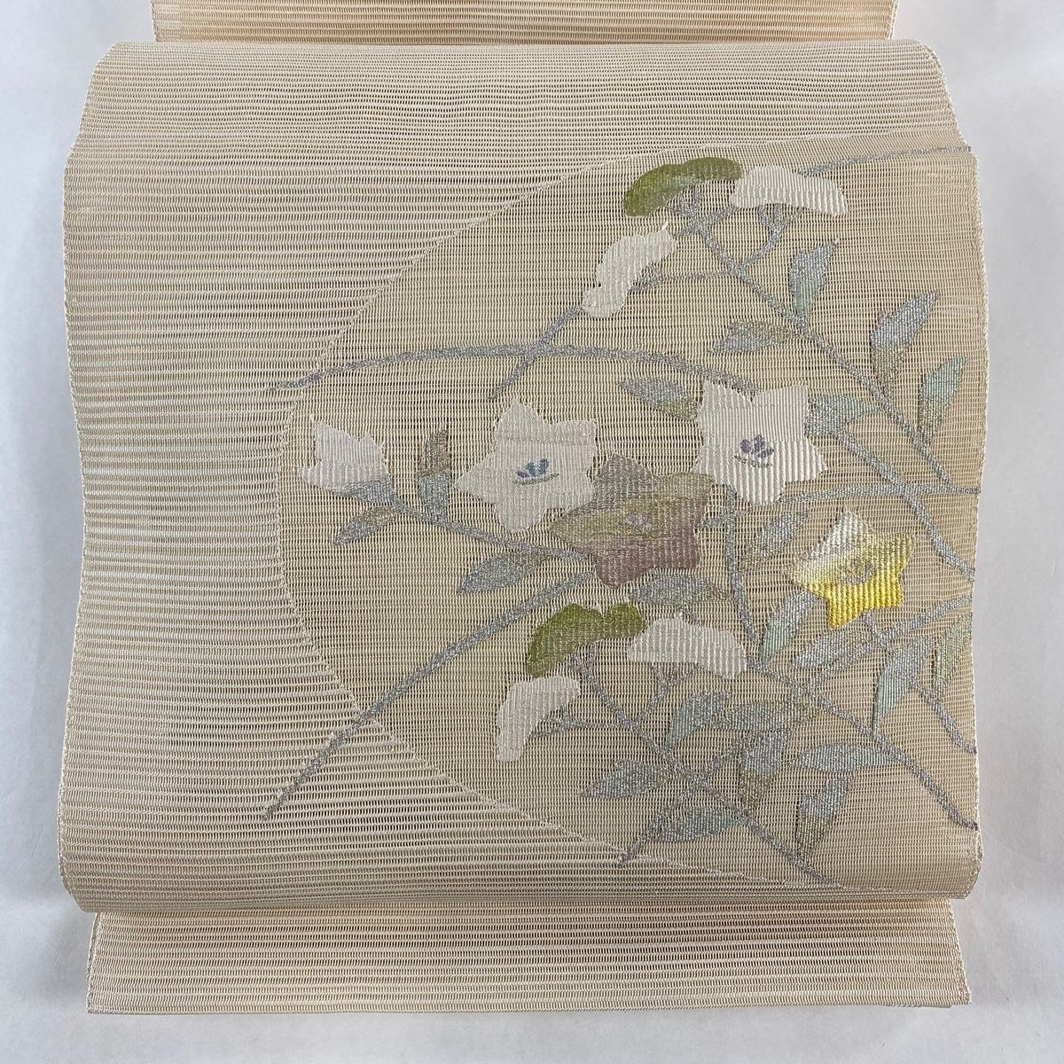 名古屋帯 秀品 夏帯 絽 八寸名古屋帯 松葉仕立て トンネル仕立て 桔梗 女郎花 銀糸 ベージュ 正絹
