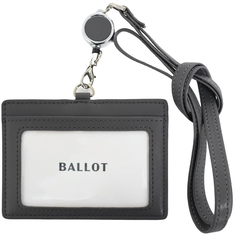 BALLOT [スーッと伸び?る] 本革 IDカードホルダー ネームホルダー 横型 パスケース ネックストラップ 伸縮リール付き (ダークグレー) 0