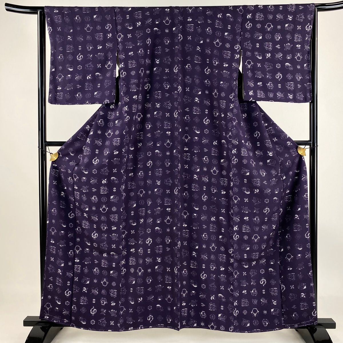 小紋 身丈160.5cm 裄丈64.5cm M 袷 瓢箪 簪 紫 正絹 秀品
