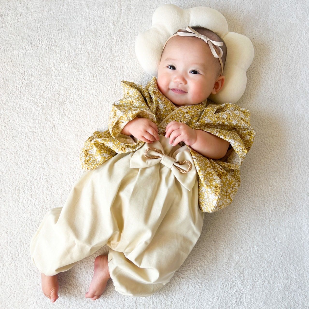 ベビー袴 イエロー 小花柄 袴 100日 753 初節句 お正月 誕生日 七五三 袴 ひなまつり おうちフォト バースデー お誕生日会