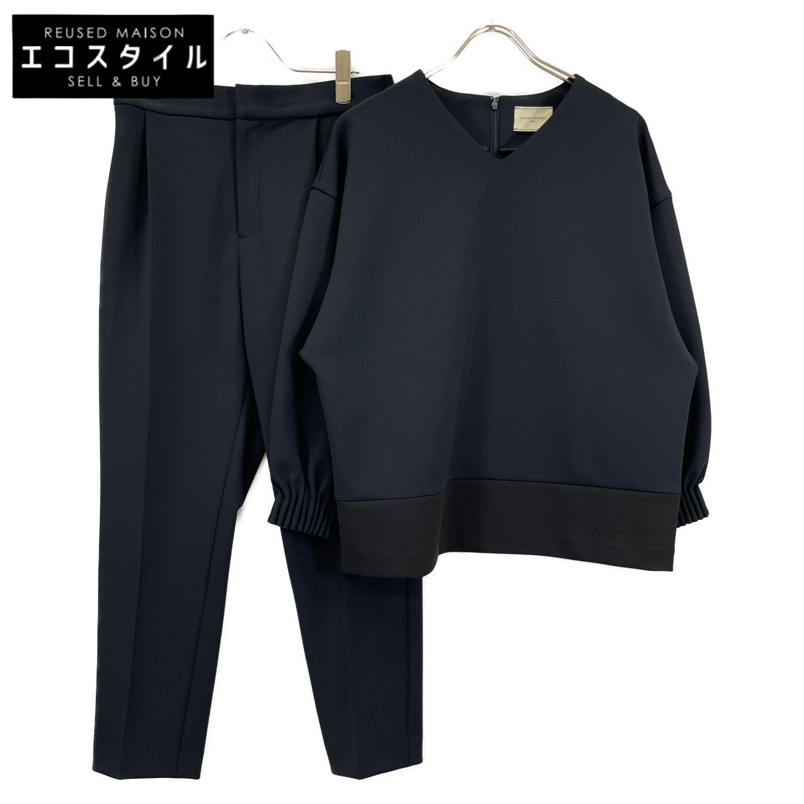 UNITED ARROWS ユナイテッドアローズ ﾈｲﾋﾞｰ SPONGY Vﾈｯｸ ﾌﾞﾗｳｽ×ﾃｰﾊﾟｰﾄﾞﾊﾟﾝﾂ ｾｯﾄｱｯﾌﾟ 36|40