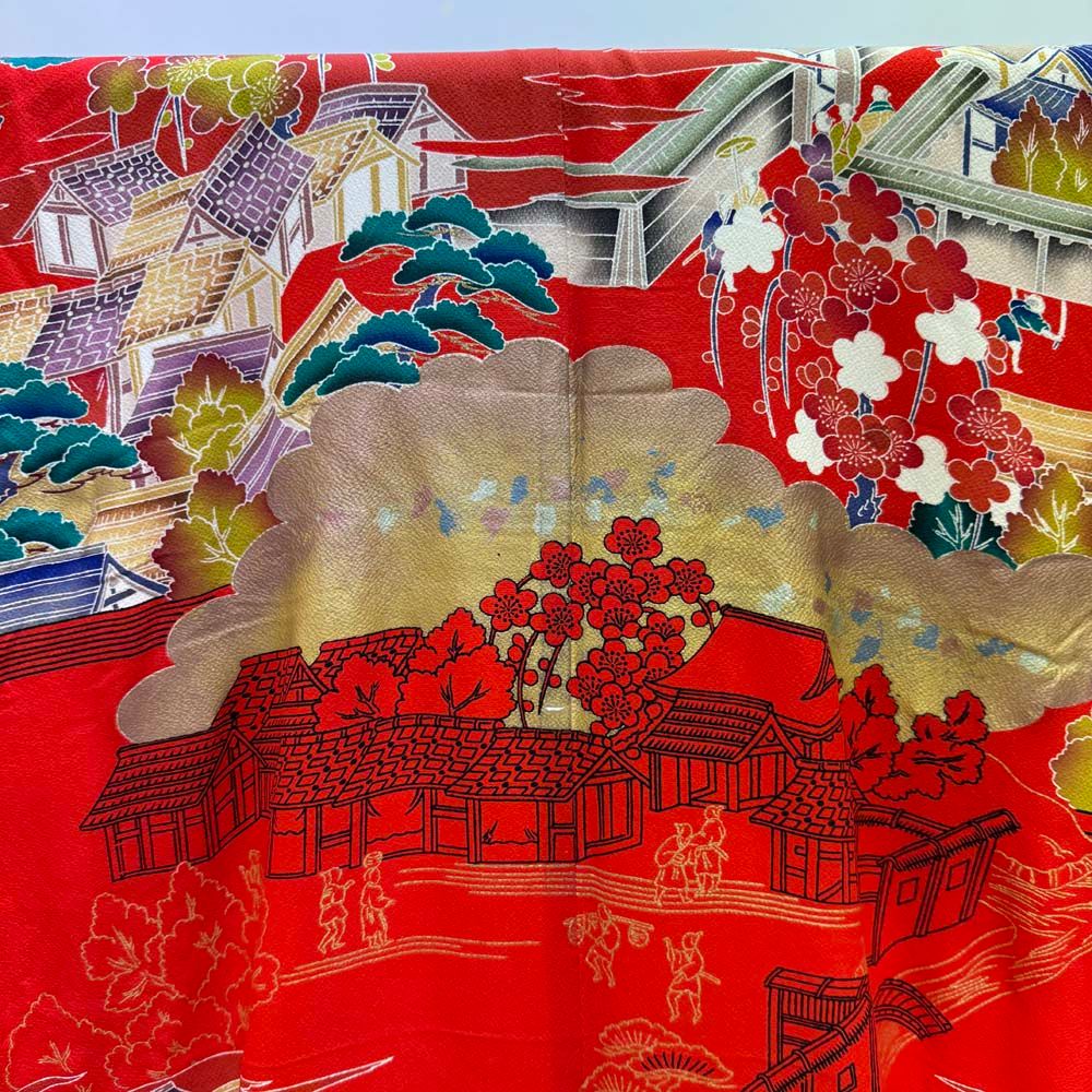 本振袖 引き振袖 正絹 赤 花柄 古典 刺繍 結婚式 裄64.2cm B