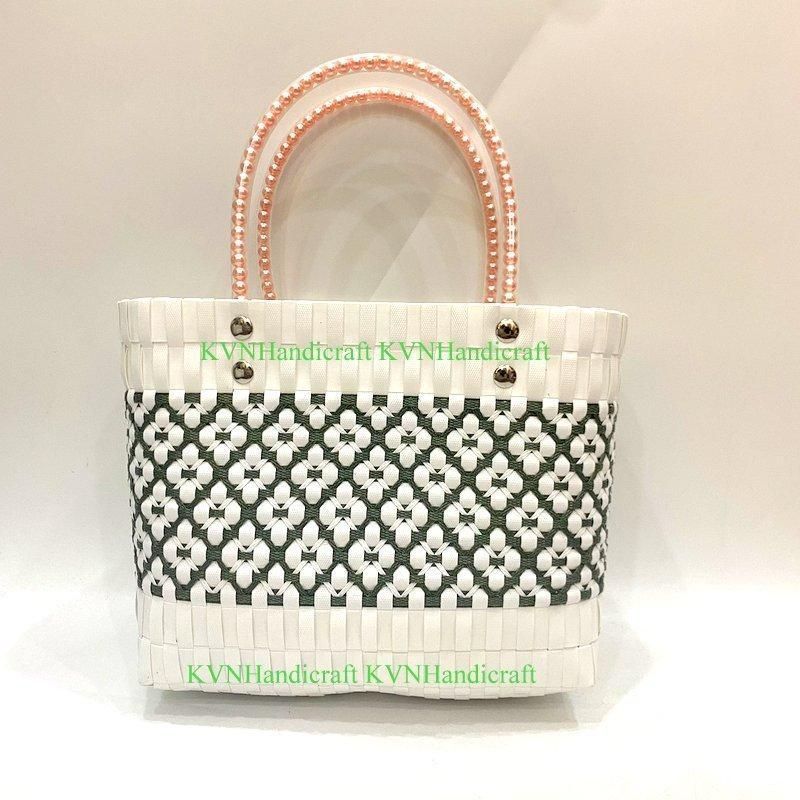 プラかご 買い物カゴV9 ハンドメイド PPバンドエコバッグ ブラック×ホワイト