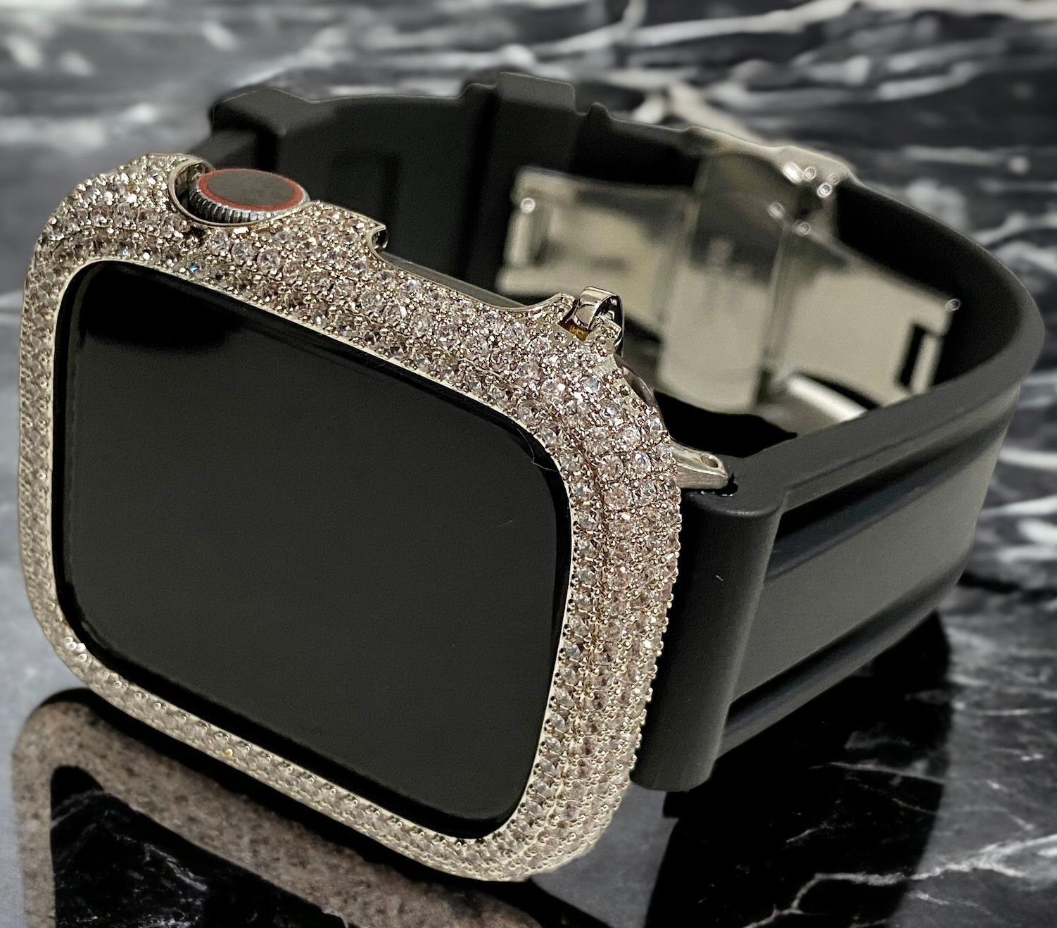 シルバー×ブラック 超 パブェ Apple Watch キラキラ カバー ケース ラバー バンド ベルト