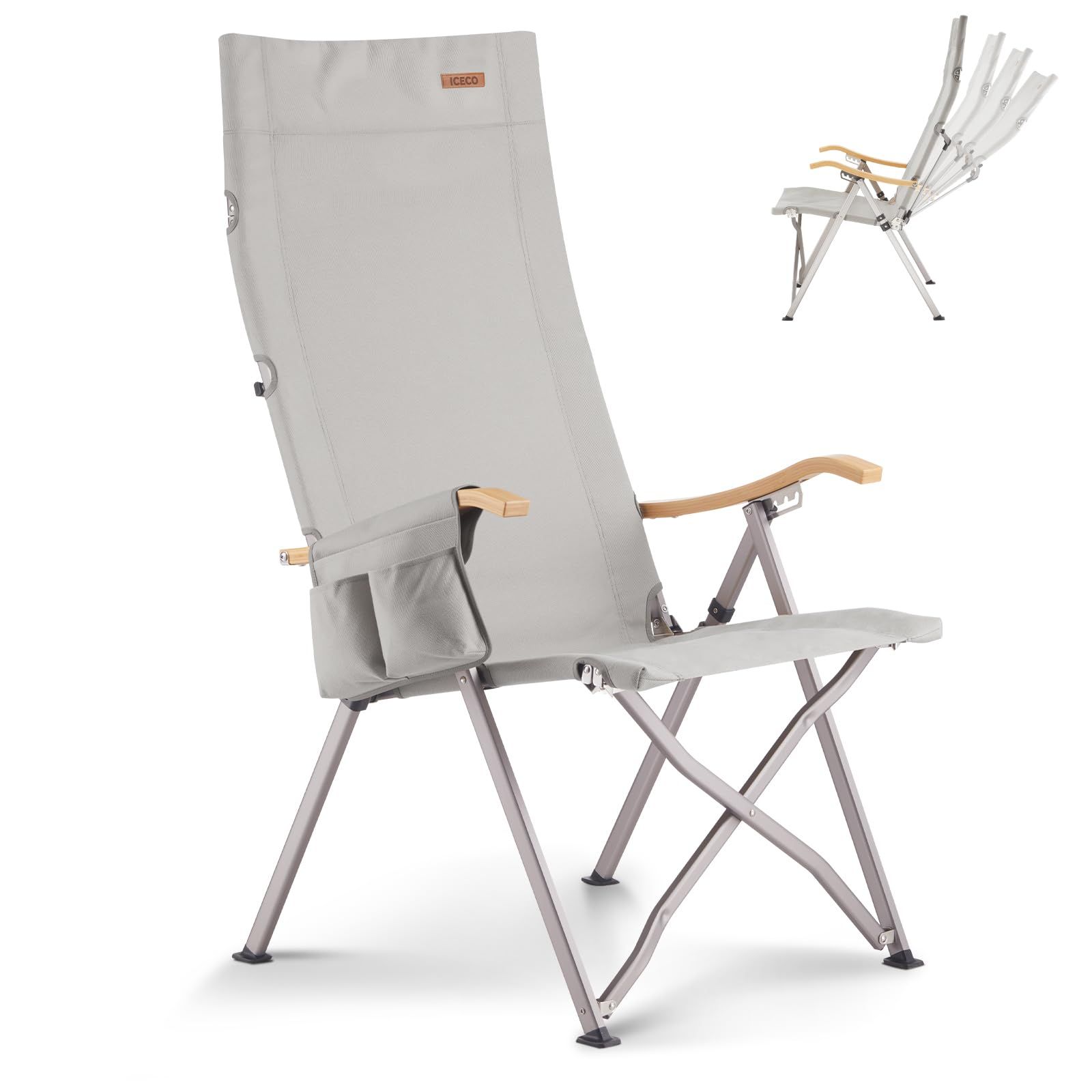 ハイバックチェア 10年品質 耐荷重265KG 1600D座面 A7075アルミ合金フレーム ハイ|ローバック切替 キャンプ 4段階リクライニング式 折りたたみ ガーデン ICECO 室内用 グレー
