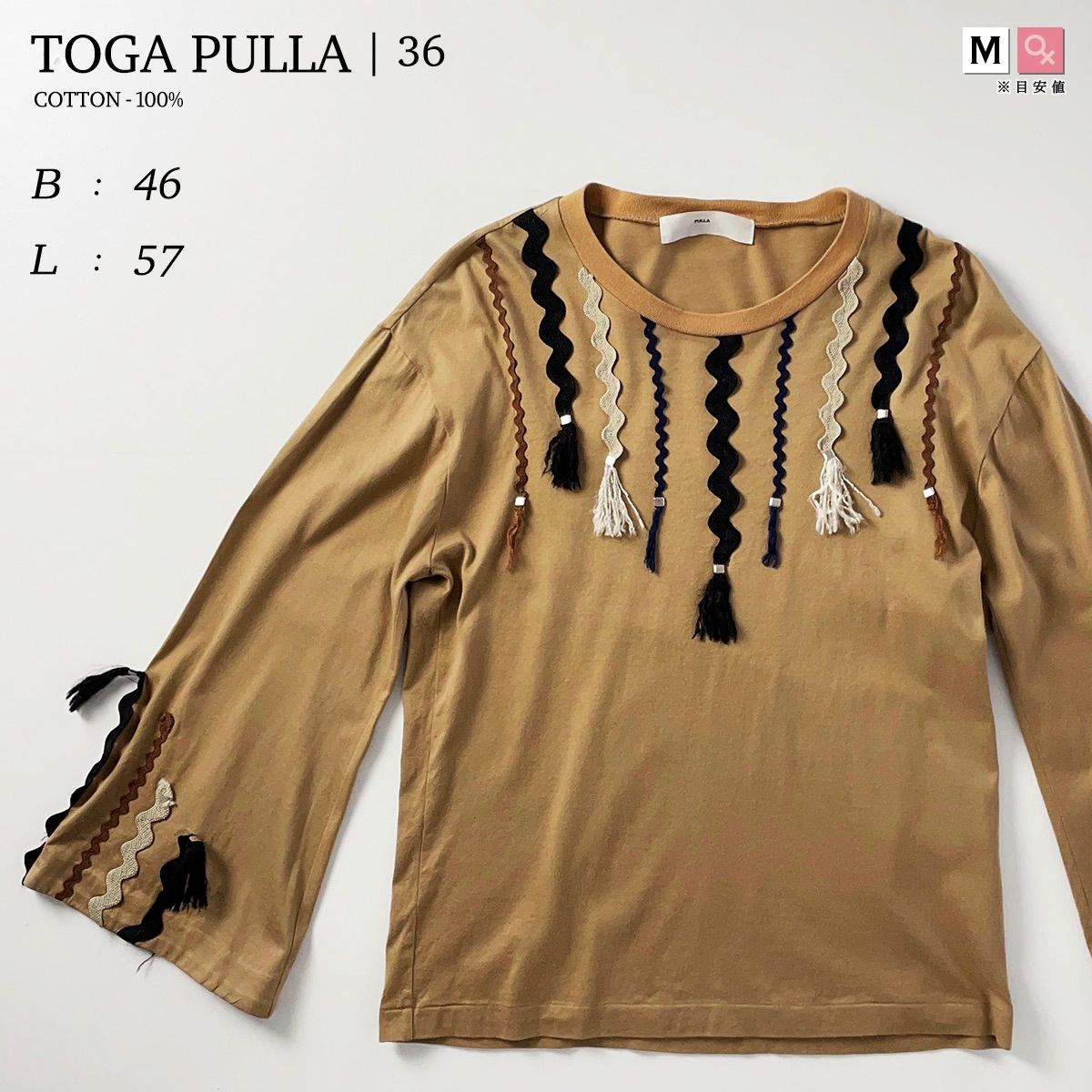 TOGA PULLA テープ 刺繍 エスニック 装飾 フレアスリーブ 長袖 Tシャツ