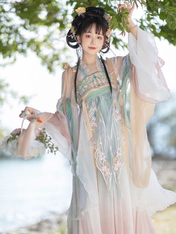韓服妖精スタイルトップロングスカートショールロングリボンx2コスプレスーツ刺繍シフォングラデーションプリント