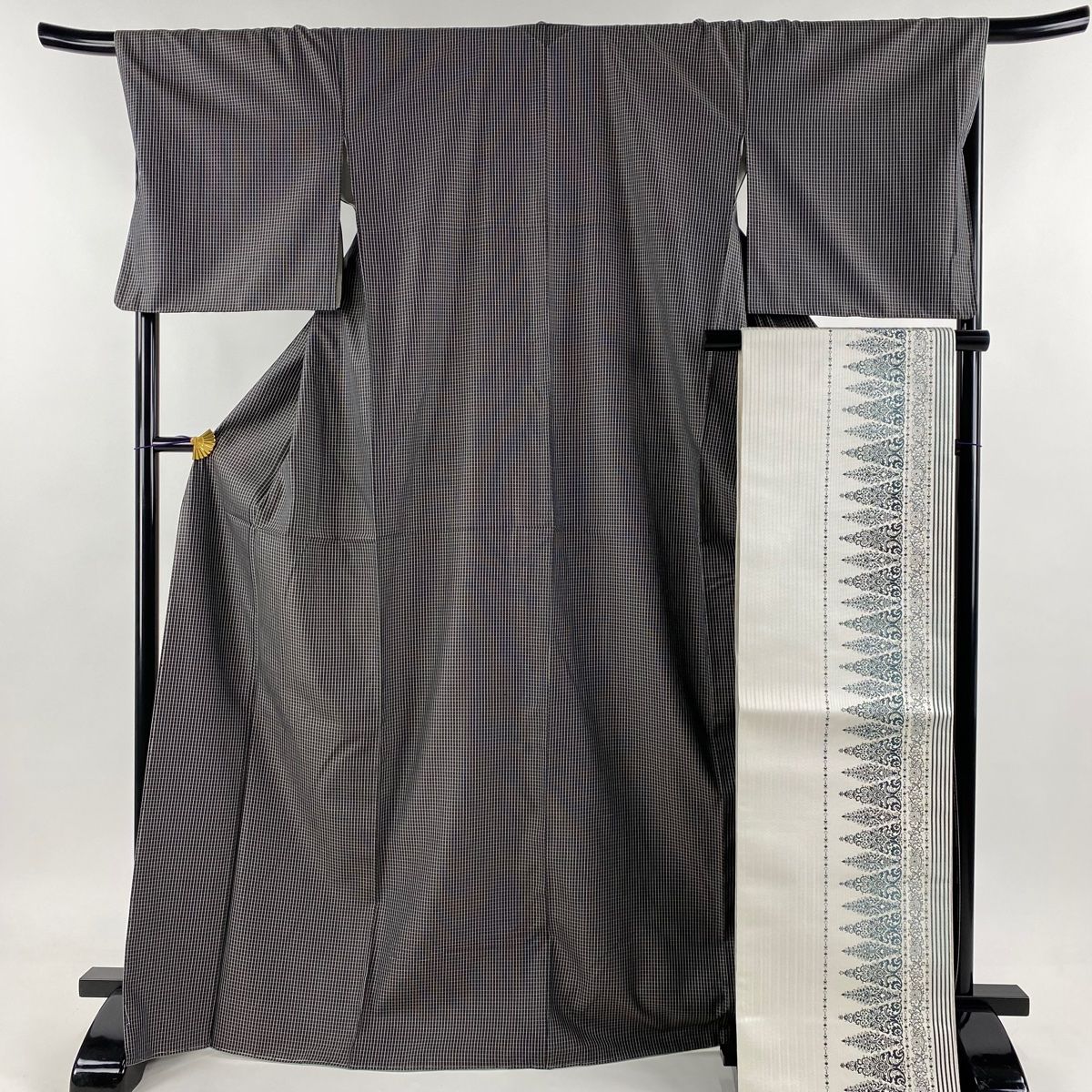 紬 身丈170.5cm 裄丈69cm L 袷 袋帯セット 格子 焦茶色 正絹 名品
