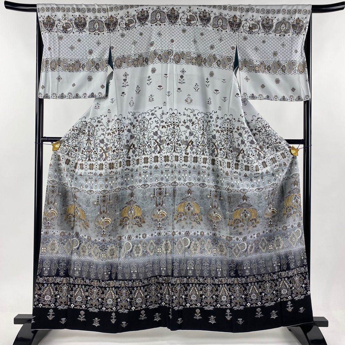 訪問着 身丈162cm 裄丈65cm M 袷 向かい鳥 草花 刺繍 金糸 青灰色 正絹 名品