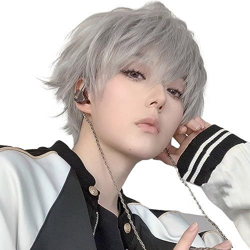 ホワイトシルバー_ストレート BARSDAR ウィッグ かつら メンズ ショート 男装 黒 男性 フルウィッグ 原宿 イケメン ハンサム 自然 小顔 耐熱 人気 ファッション イメチェン 男女兼用 cosplay 日常 