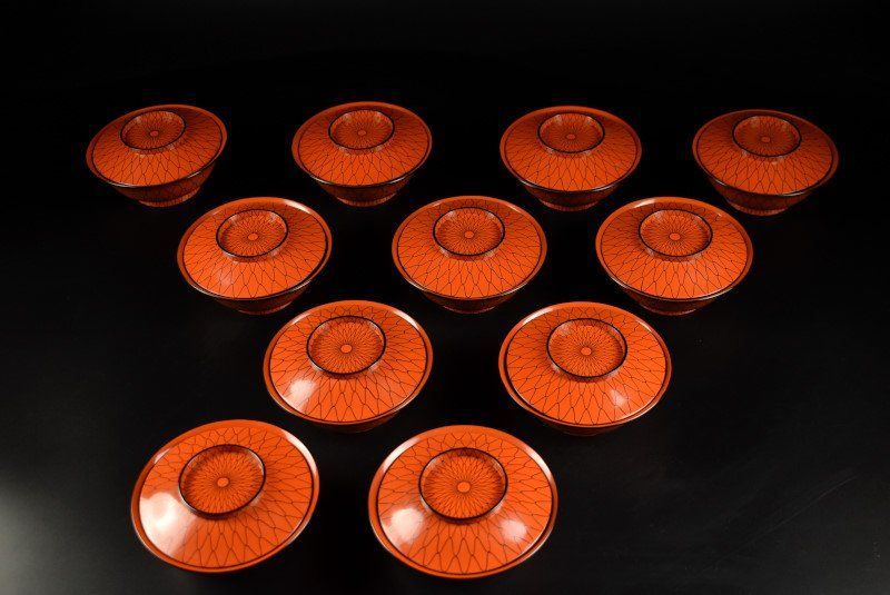 蔵A4398a 木製朱塗 網目 見返蒔絵霊芝文 吸物椀 汁椀 十一客