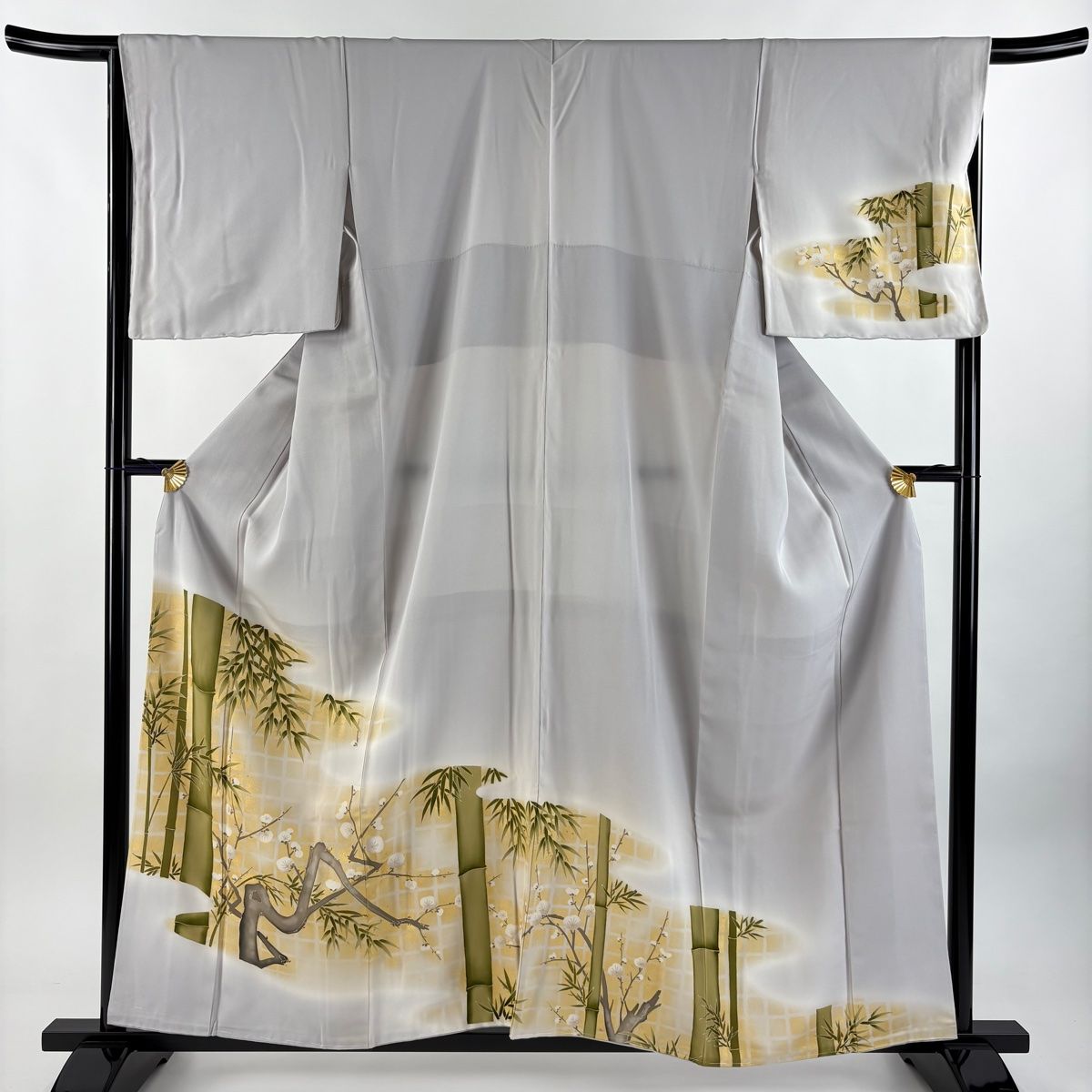 訪問着 身丈157cm 裄丈66.5cm M 袷 竹 梅 金糸 金彩 灰色 正絹 秀品