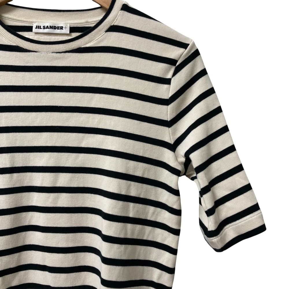 24 SS JIL SANDER ジルサンダー 半袖ボーダークルーネック ブランドロゴ カットソー XL オフホワイト×ブラック レディース 古着
