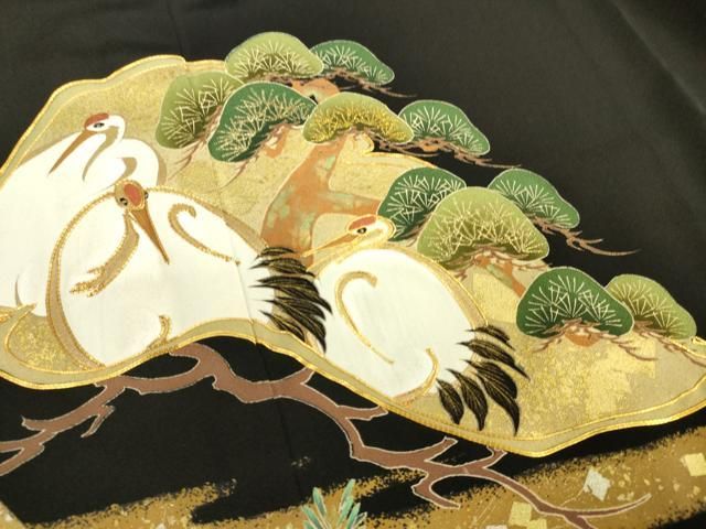 平和屋着物□豪華黒留袖 駒刺繍 絞り 束ね熨斗花松文 群鶴 金彩