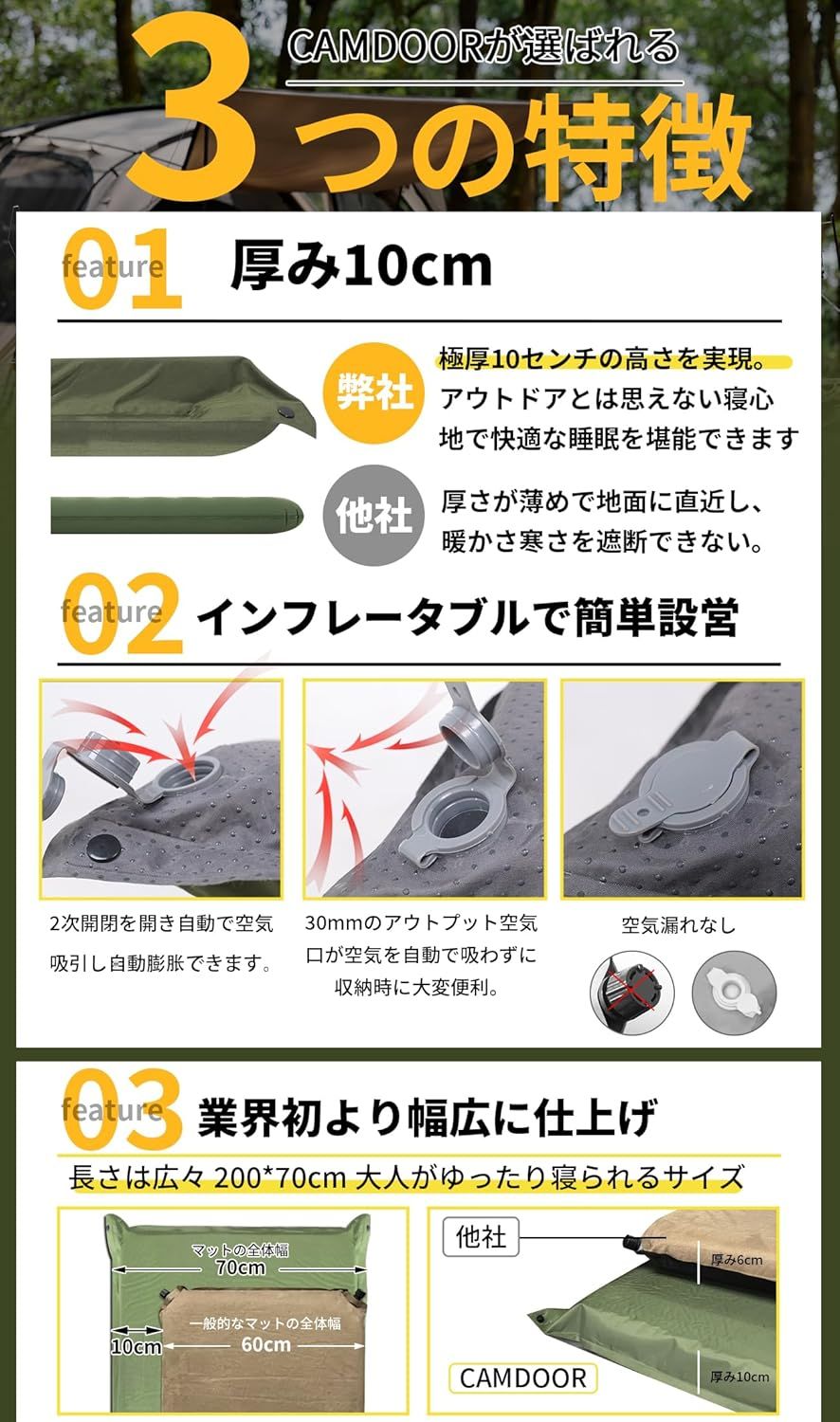 キャンプ マット エアーマット 厚手 10cm【30秒自動膨張・より キャンプ マット エアーマット 厚手 10cm【30秒自動膨張・より