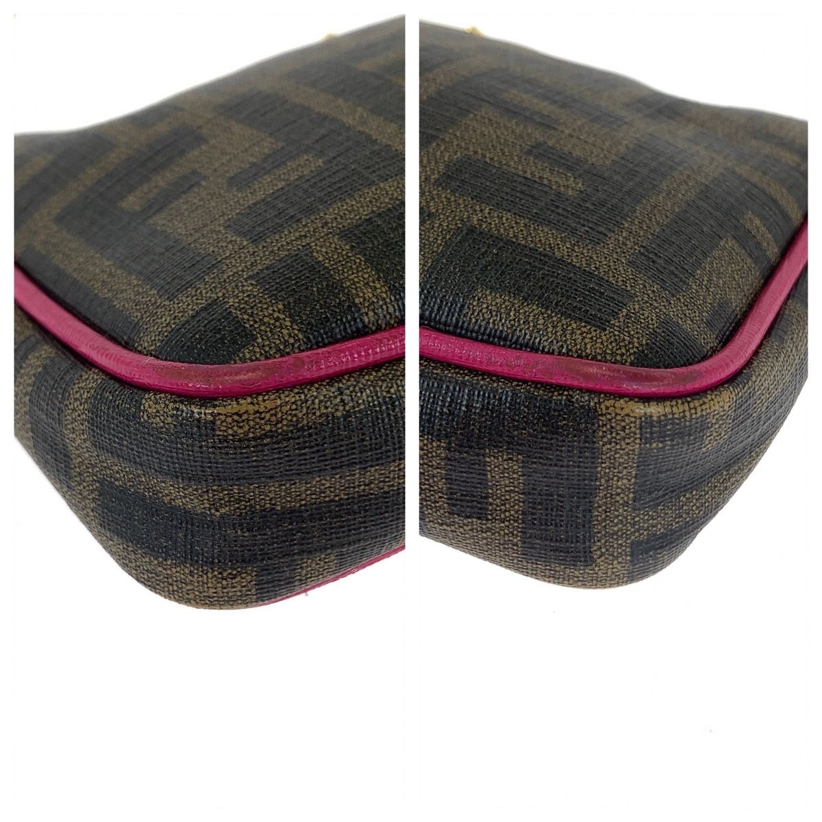 【美品】フェンディ アクセサリーポーチ レザー×キャンバス FF柄 ピンク系 美品 FENDI フェンディ ズッカ柄 ブラウン ピンク ゴールド金具