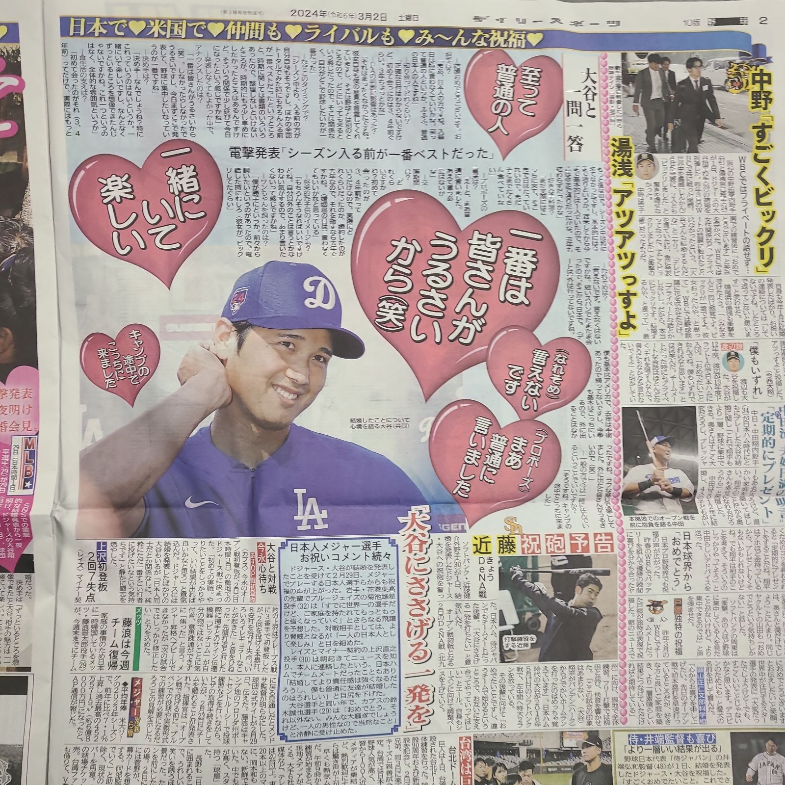 3月2日 朝刊 大谷さん結婚 インタビュー！！ スポーツ紙全6社