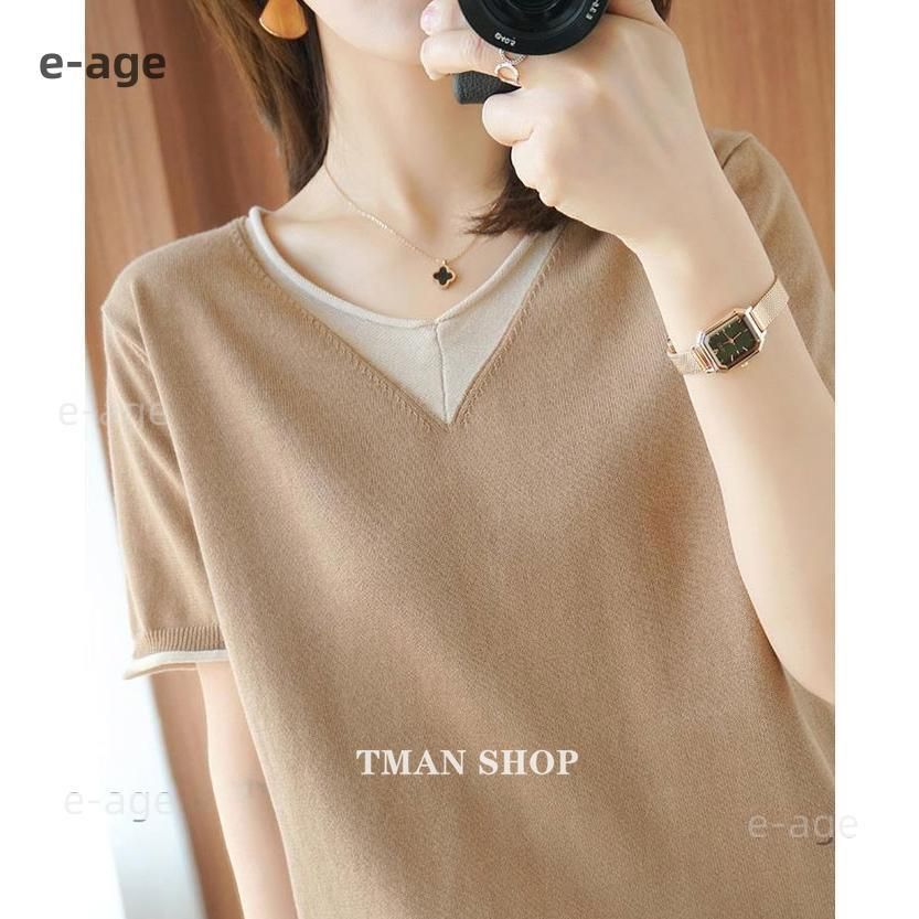 ニットトップス レディース 半袖 リブニットバイカラー トップス 春 夏 プルオーバー クルーネック Vネック ニットtシャツ シンプル カジュアル きれいめ 大人 ニットトップス レディース 半袖 リブニットバイカラー トップス