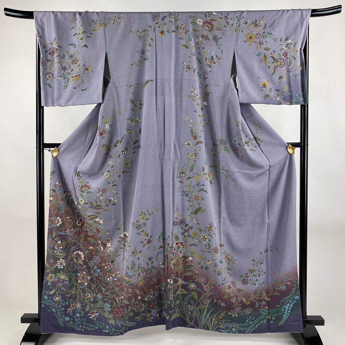訪問着 身丈163cm 裄丈68.5cm L 袷 尾長鳥 草花 金彩 ぼかし 薄紫 正絹 秀品