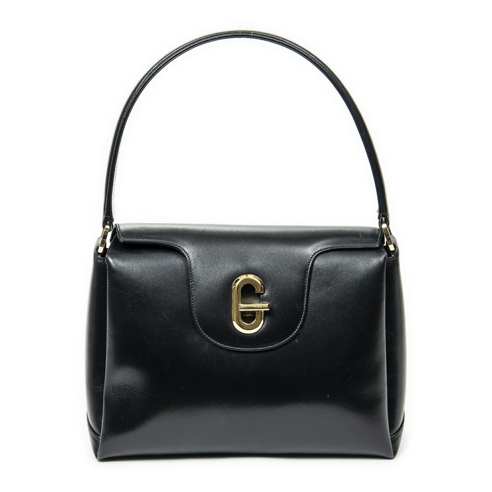 GUCCI グッチヴィンテージフラップトップハンドル黒スムースカーフスキンレザーA