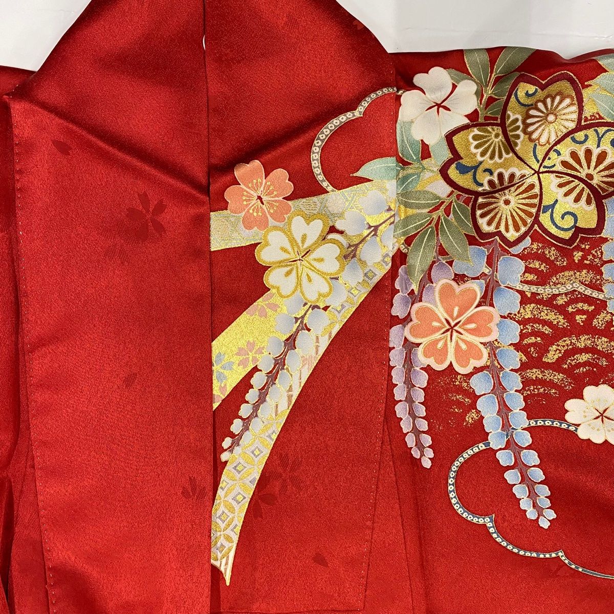 振袖 身丈161.5cm 裄丈67cm M 袷 桜 熨斗 金糸 金彩 赤 正絹 美