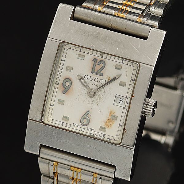 グッチ 7700M QZ シルバー文字盤 スクエア デイト メンズ腕時計