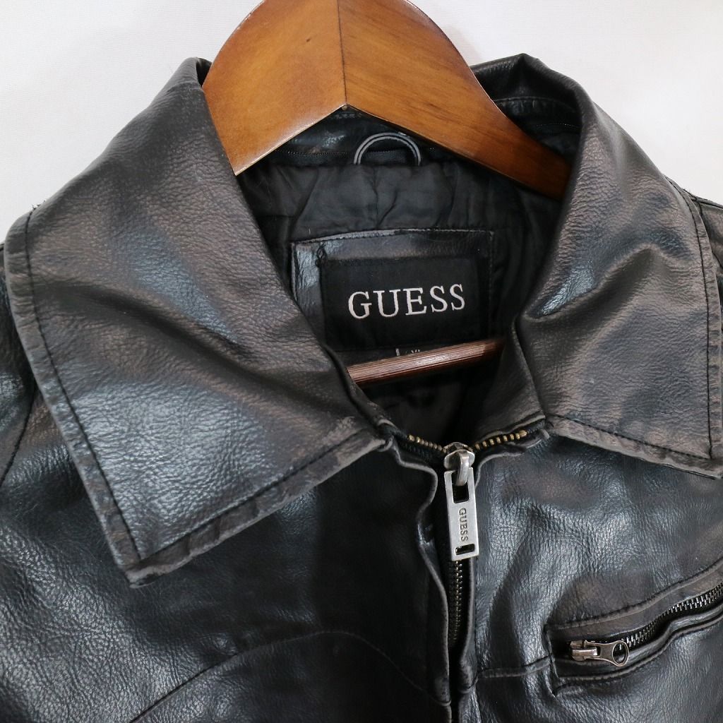 Guess ゲス フェイクレザー ジャケット 防寒 シングルライダース ブラック (メンズ XL) 中古 古着 O8057