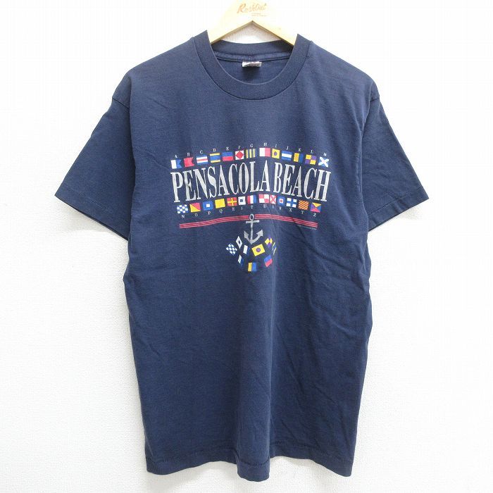 L/古着 半袖 ビンテージ Tシャツ メンズ 90s ペンサコーラビーチ コットン クルーネック 紺 ネイビー 23apr28 中古