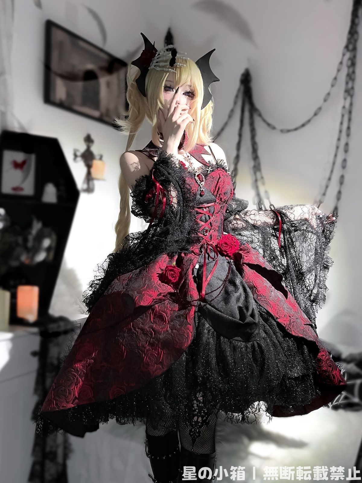 新品未使用 オリジナルデザイン 瑰皿 jsk ロリータドレス 黒赤 ジャカード暗黒ゴシックスタイル 吊りスカート （取り外し可能な袖とネックレス付き）