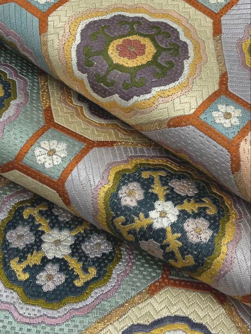 絽刺し 手刺繍 キャンパスワーク 全通 袋帯 蜀江文 金糸 正絹