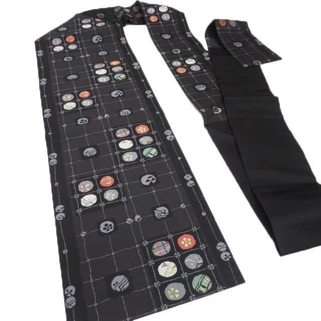 名古屋帯 なごや帯 リサイクル 正絹 カジュアル 仕立て上がり 金糸 黒色 錫色 多色 きもの北條 A1285-16