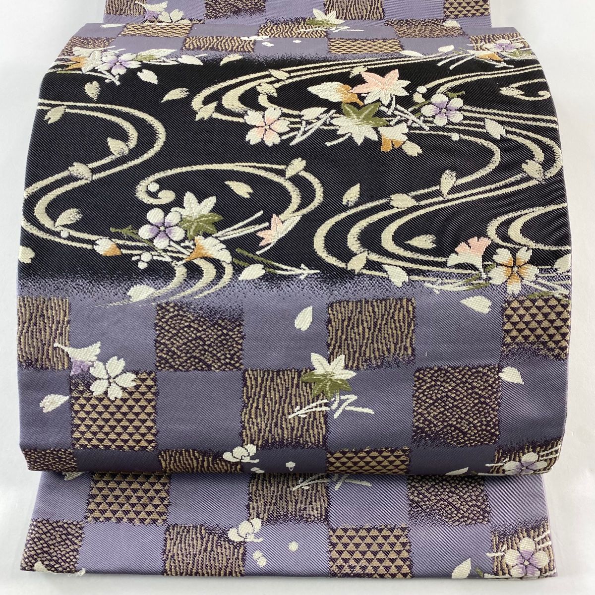 袋帯 秀品 坂東三津五郎 落款 やまと 吹き寄せ 流水 金銀糸 紫 六通 正絹