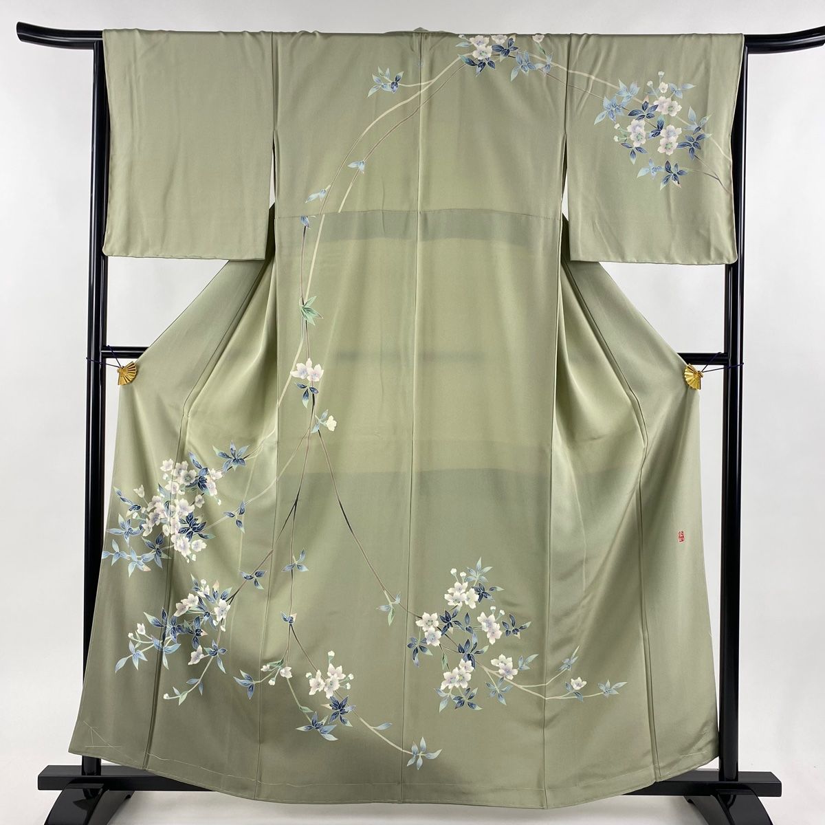 訪問着 身丈160cm 裄丈65cm M 袷 和泉衛知 落款 草花 灰緑 正絹 一つ紋