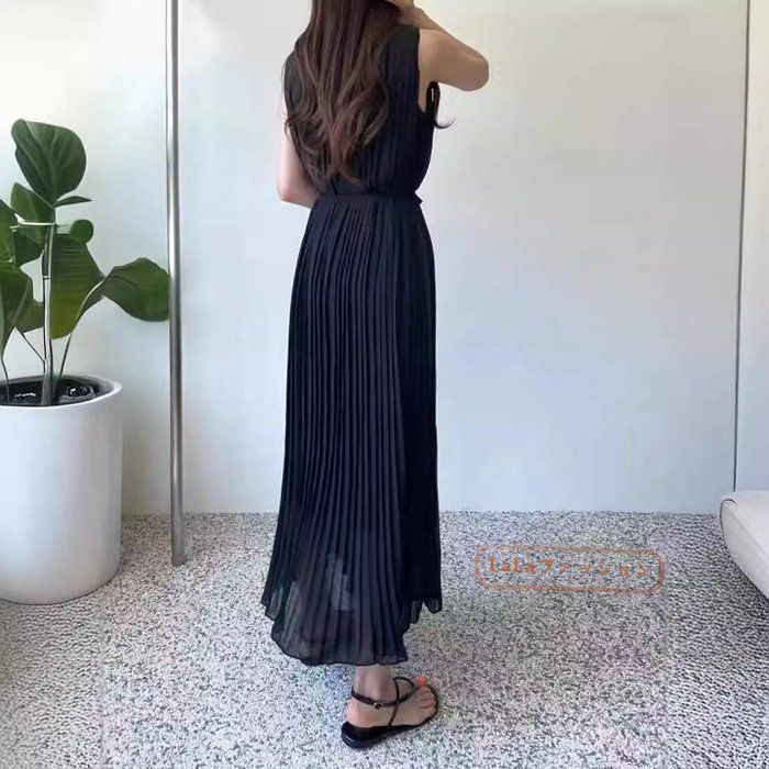 ワンピース ノースリーブ プリーツ ロングワンピース 夏