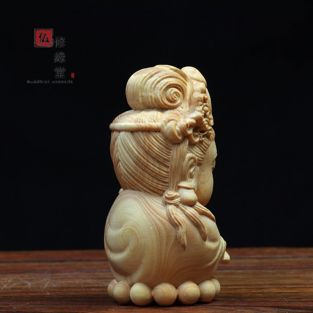 修縁堂】木彫り 仏像 Q版勢至菩薩立像 ミニ 彫刻 仏教工芸品 柘植材 
